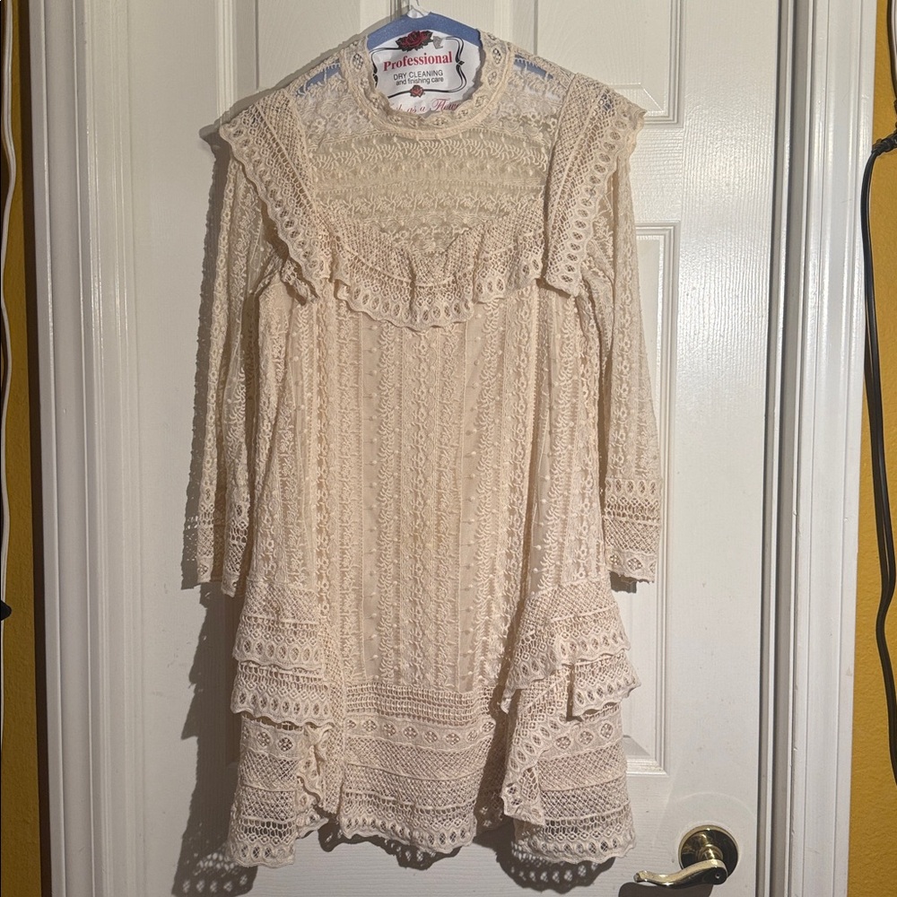 Free People Lace Long Sleeve Dress in Cream